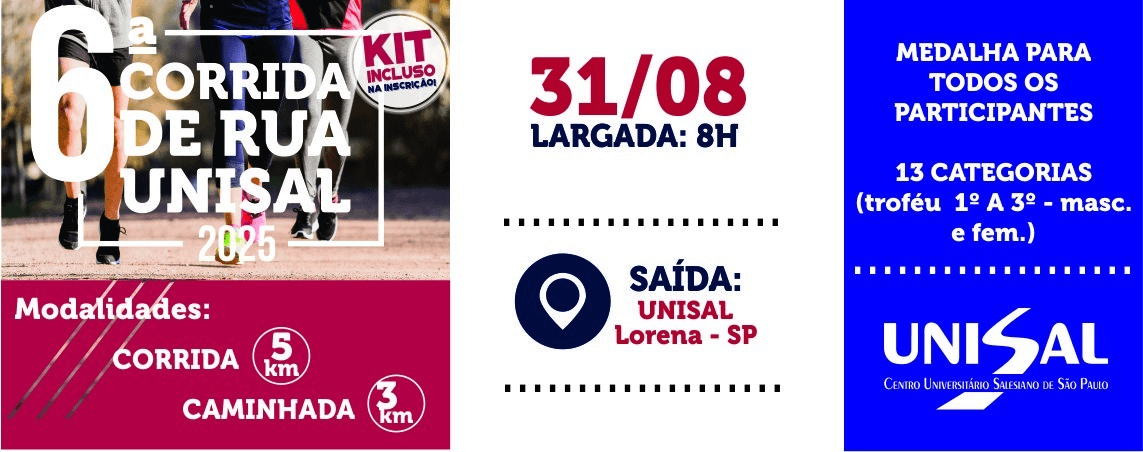 Imagem de divulgação do 6ª Corrida De Rua (5 Km) E Caminhada (3 Km) - Unisal Lorena